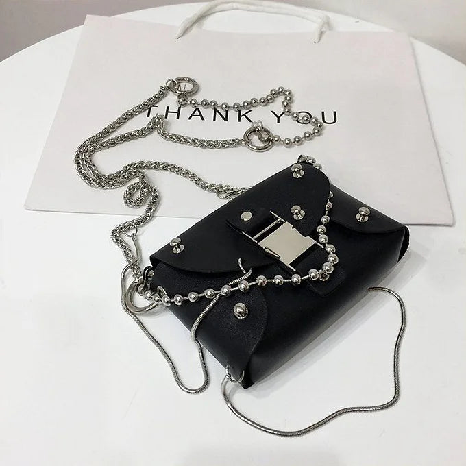 Punk Rivet Stud Multi-Layer Chain Faux Leather Shoulder Crossbody Bag