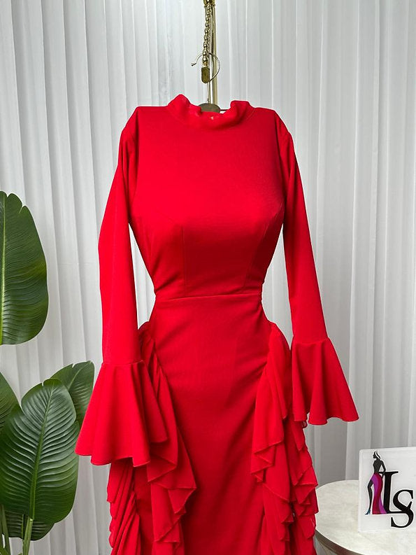 Elegant Stretch Crepe Ruffle Maxi Dress