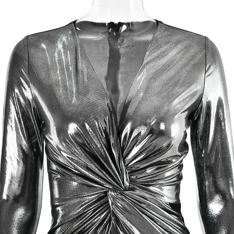 Deep V-Neck Metallic Pleated  Bodycon Maxi Dress