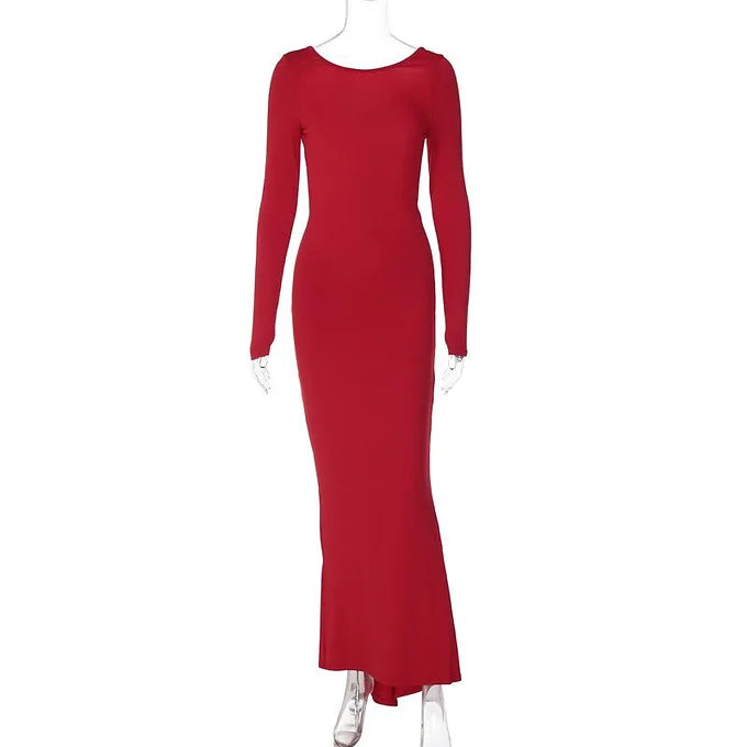 Slim-Fit Pleated Backless  Maxi Dress