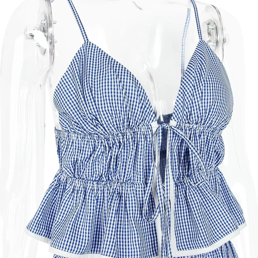 Blue Gingham Tie Midi Dress