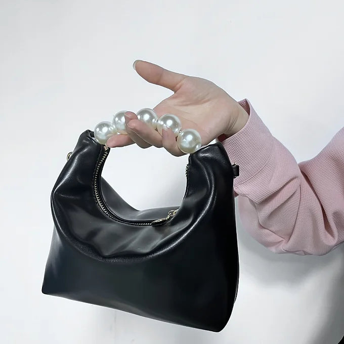 Chain Pearl Beaded Strap Leather Shoulder Bag