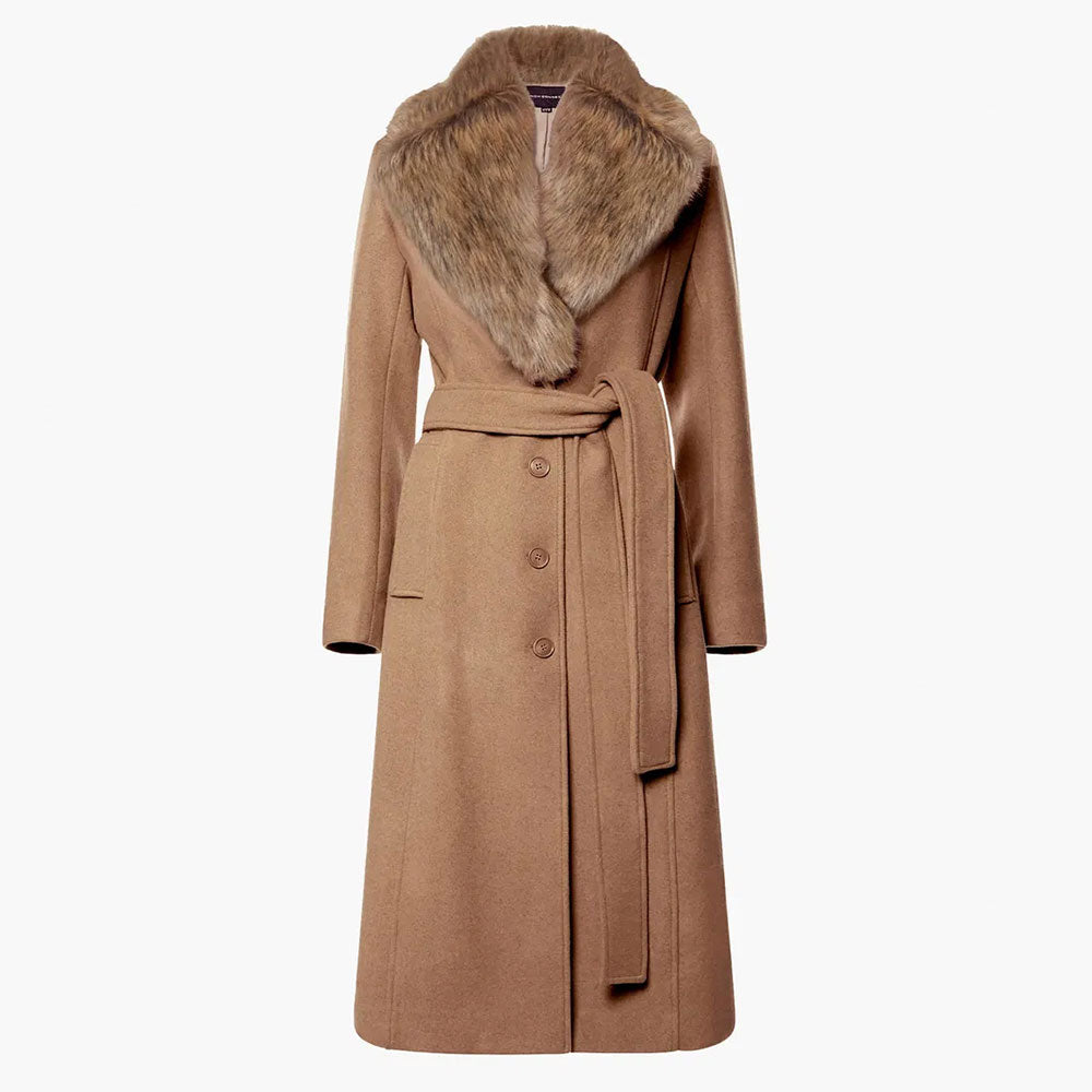 Elegant V-Neck Fur Lapel Belted Maxi Jacket
