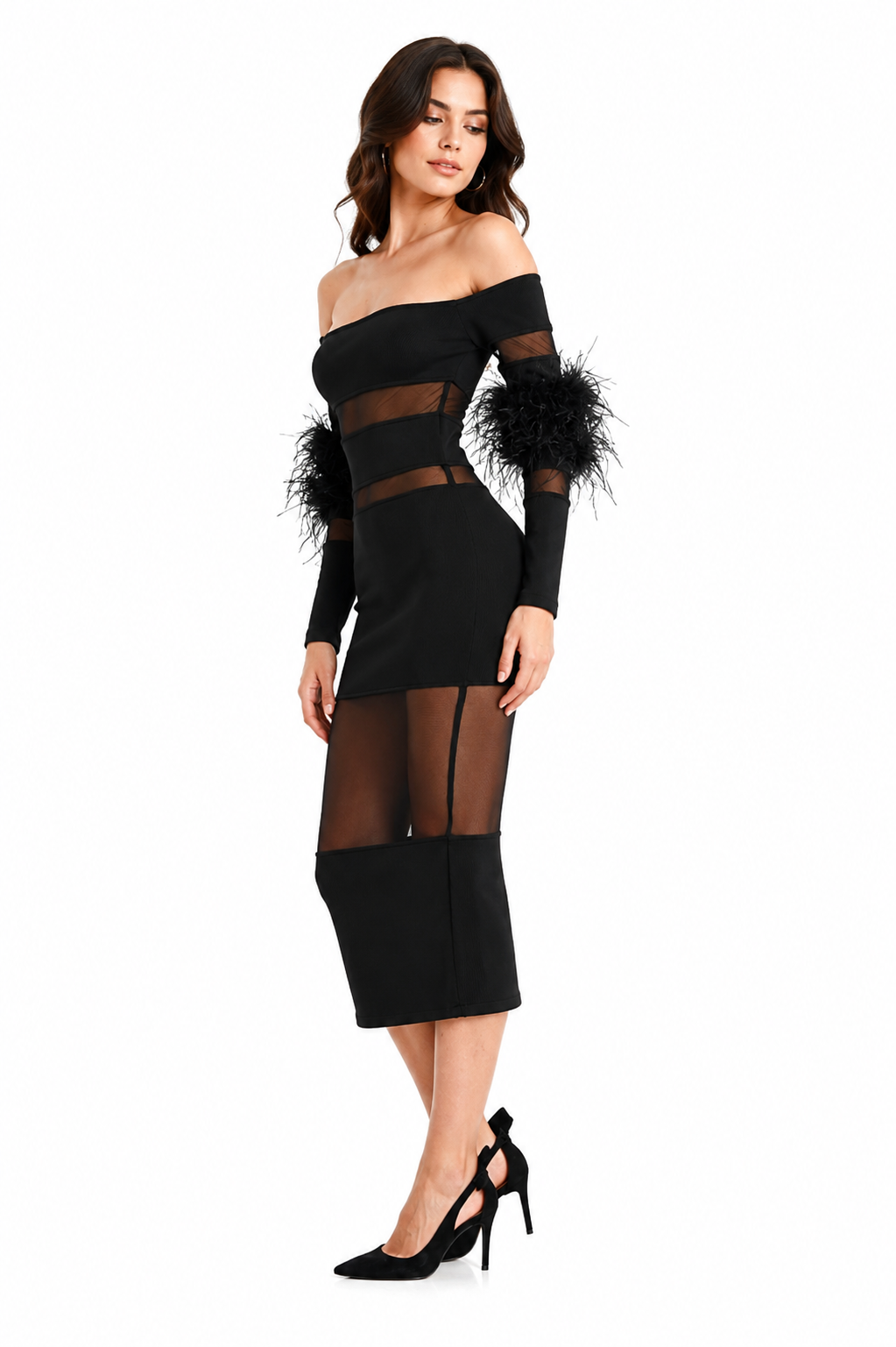 Feather Deconstructed Off-Shoulder Maxi Dress