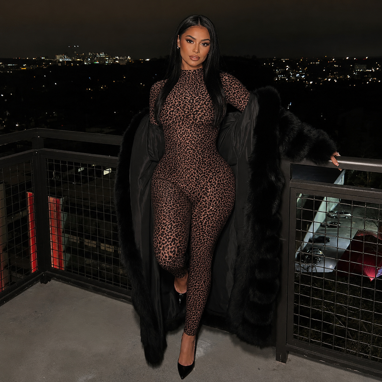 Leopard Print Mesh Tummy-Control Jumpsuit