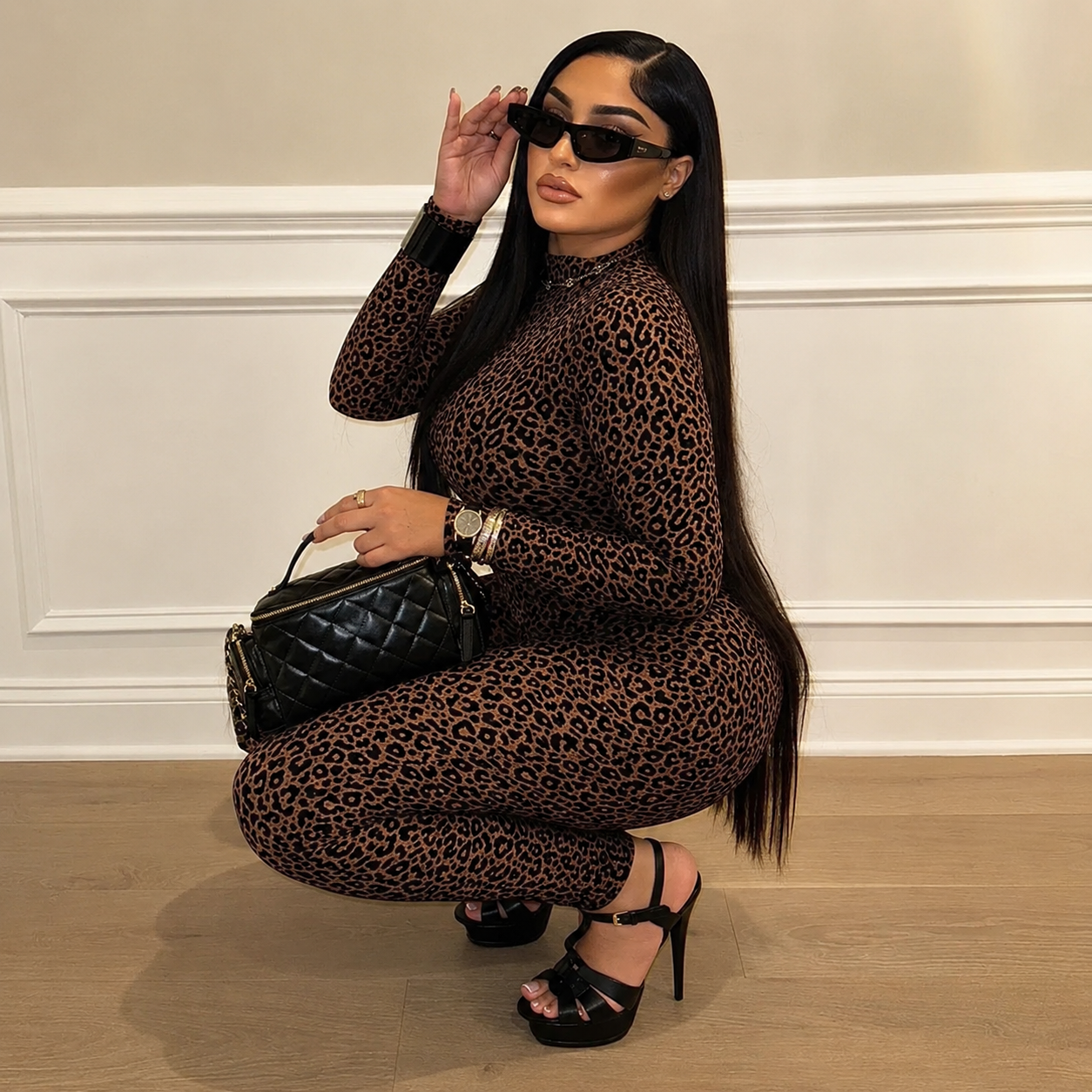 Leopard Print Mesh Tummy-Control Jumpsuit