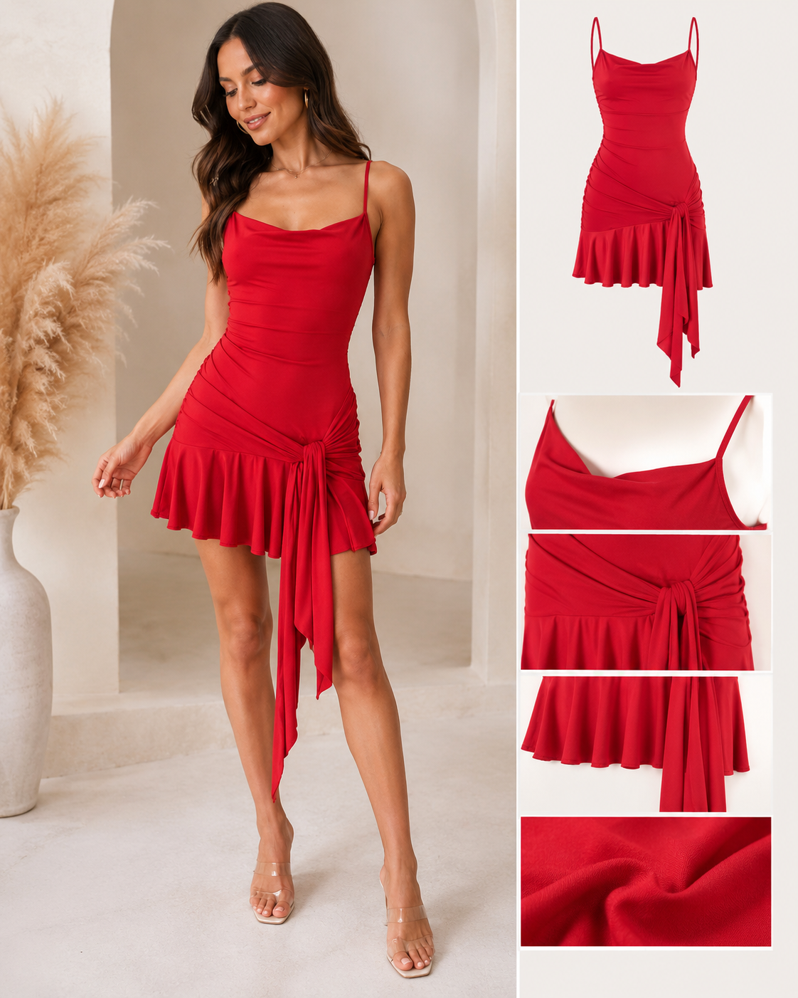 Red Cowl Neck Draped Mini Dress