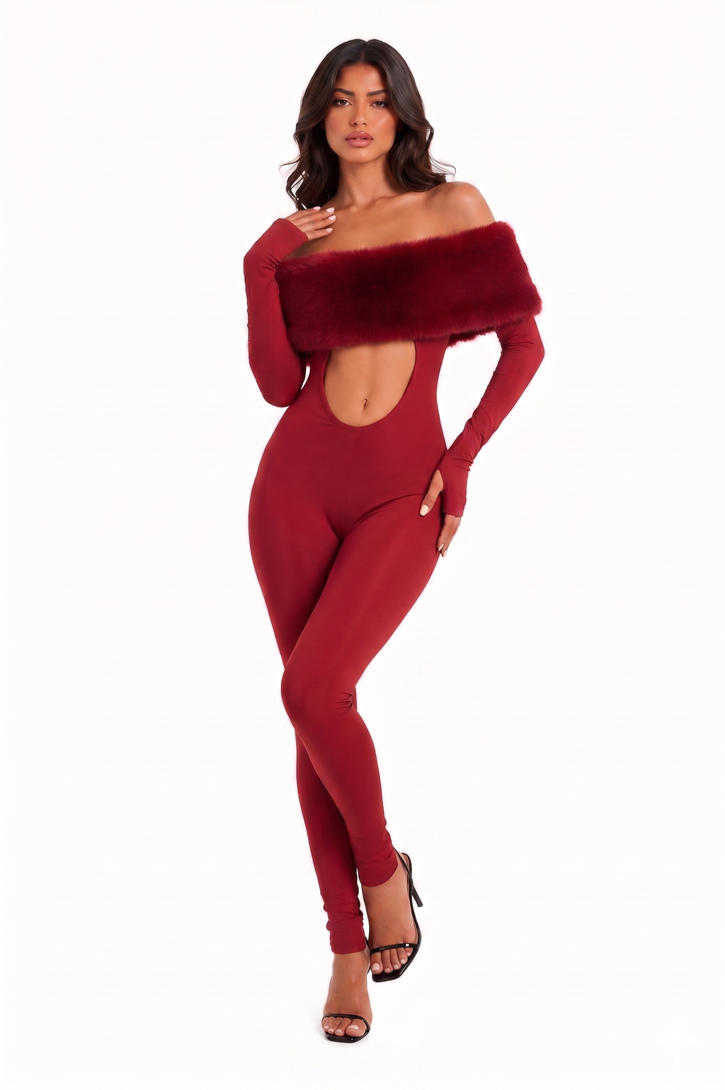 Luxury Furry Off-Shoulder Midriff Sexy Jumpsuit