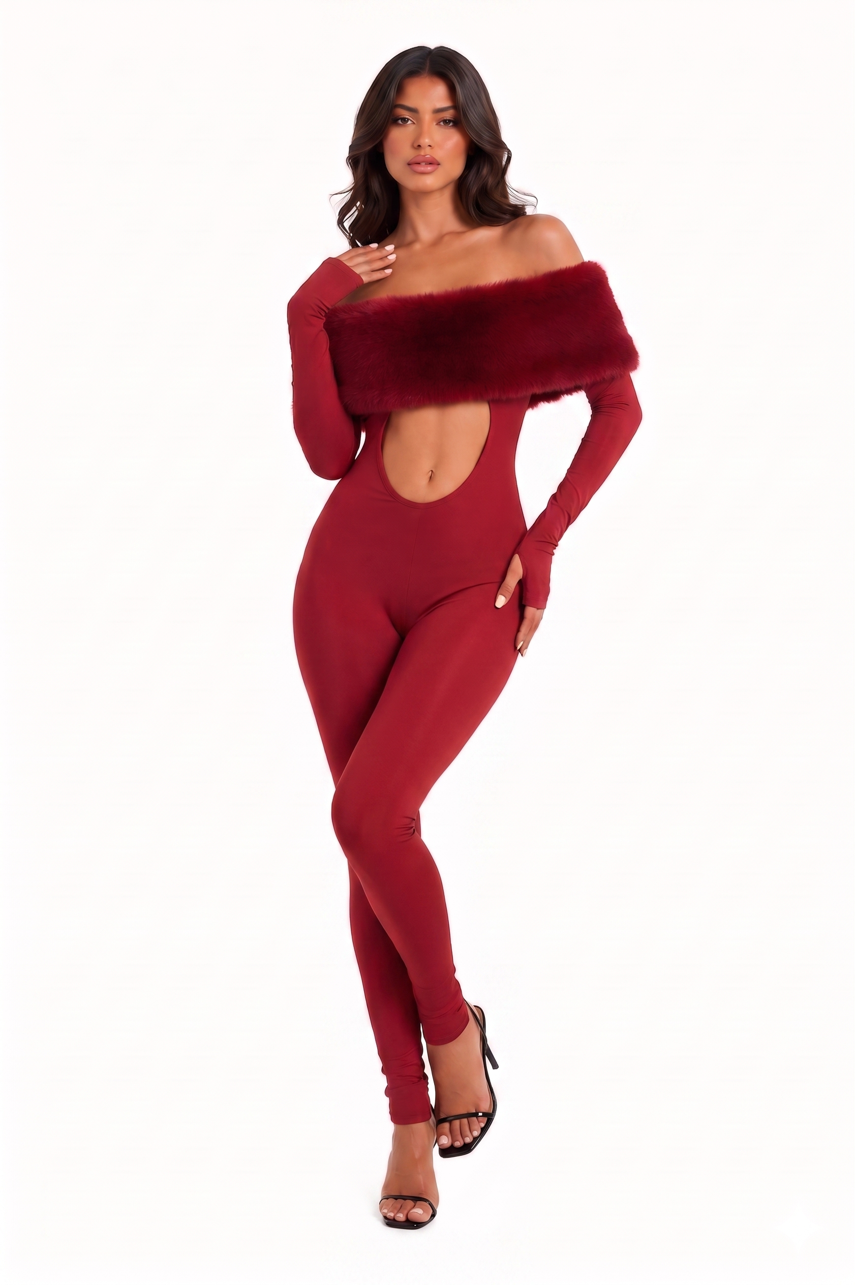 Luxury Furry Off-Shoulder Midriff Sexy Jumpsuit