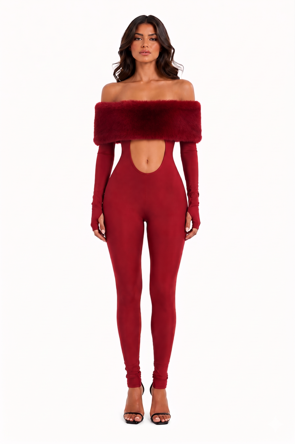 Luxury Furry Off-Shoulder Midriff Sexy Jumpsuit