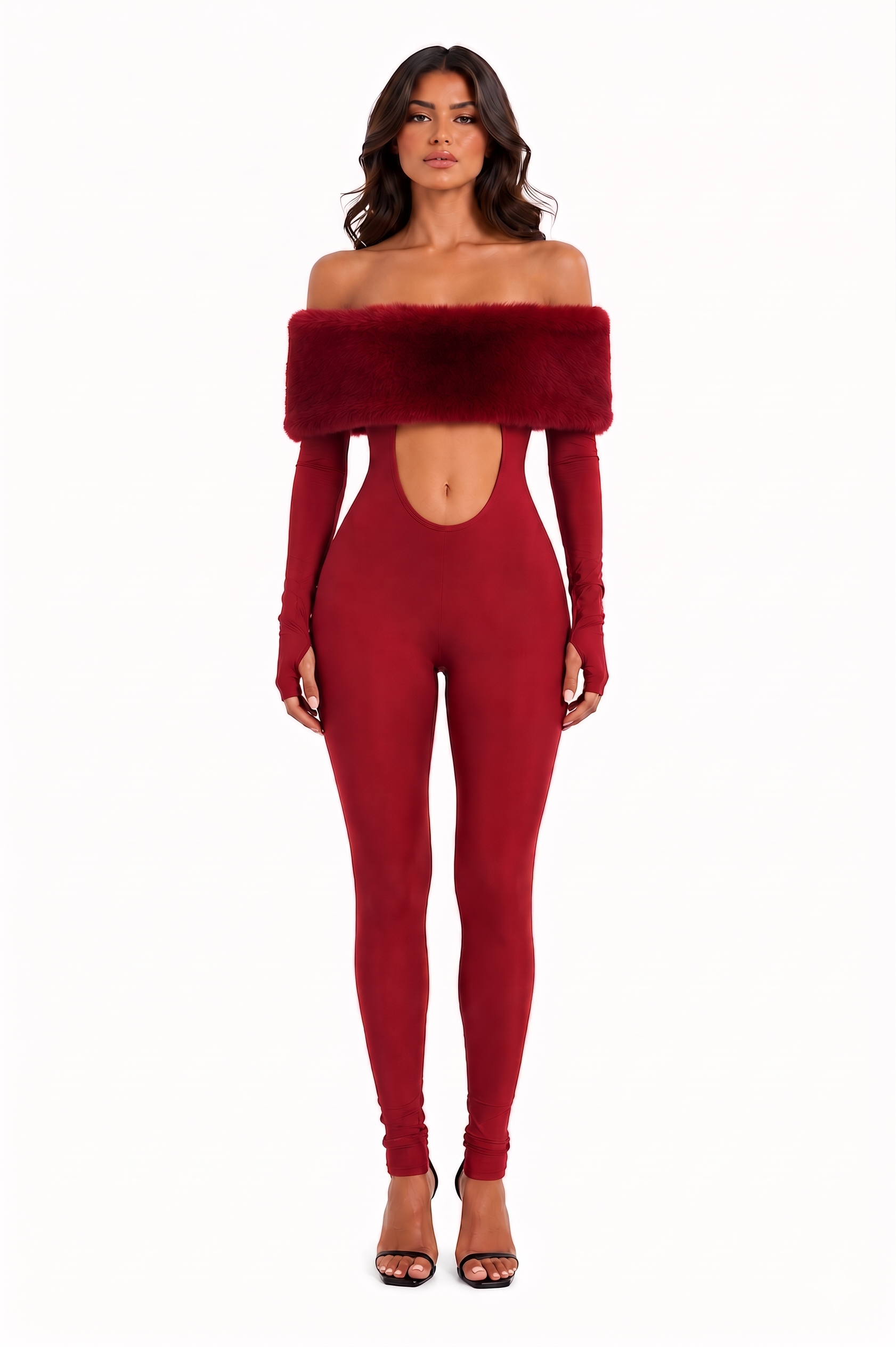 Luxury Furry Off-Shoulder Midriff Sexy Jumpsuit