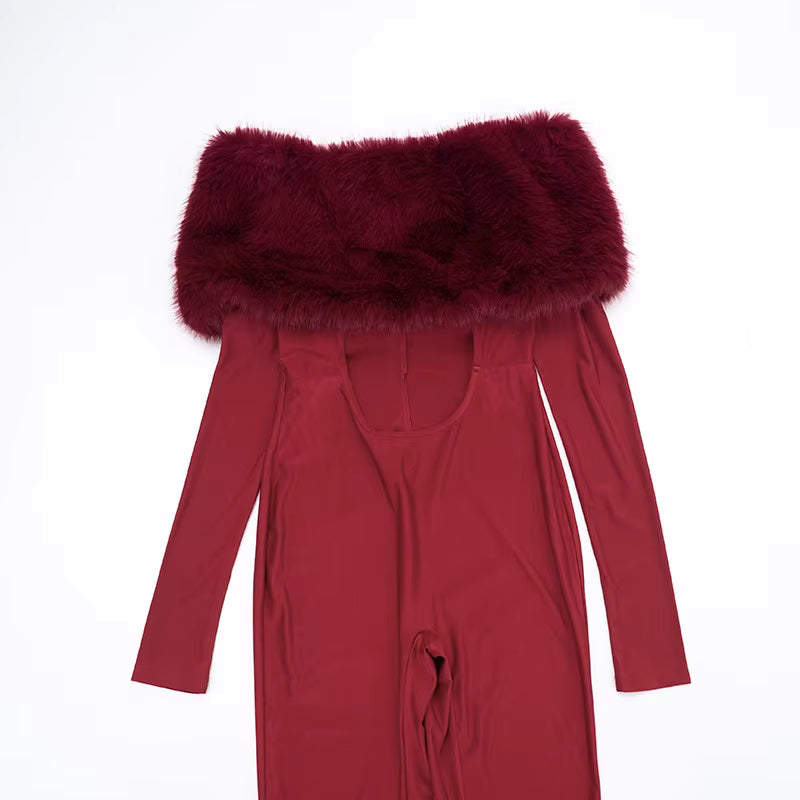 Luxury Furry Off-Shoulder Midriff Sexy Jumpsuit