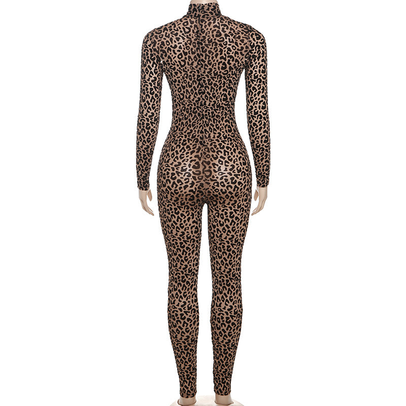 Leopard Print Mesh Tummy-Control Jumpsuit