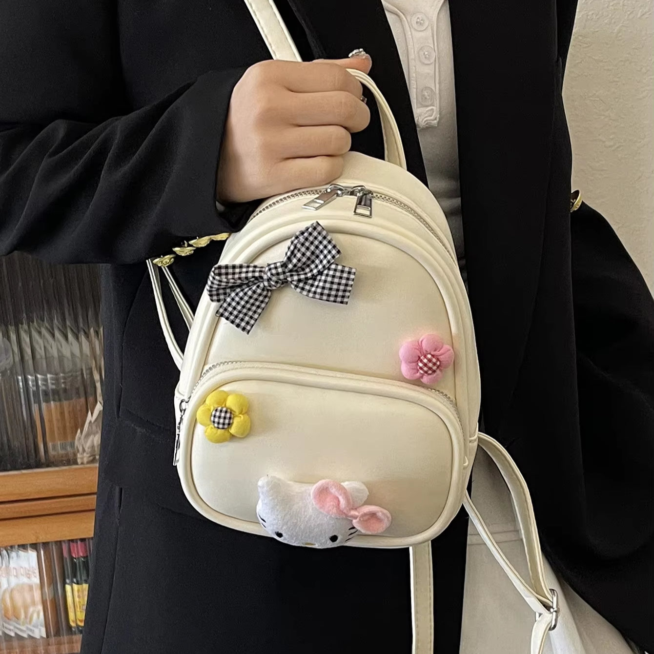 Cute 3D Floral Bow Charm PU Leather Mini Backpack