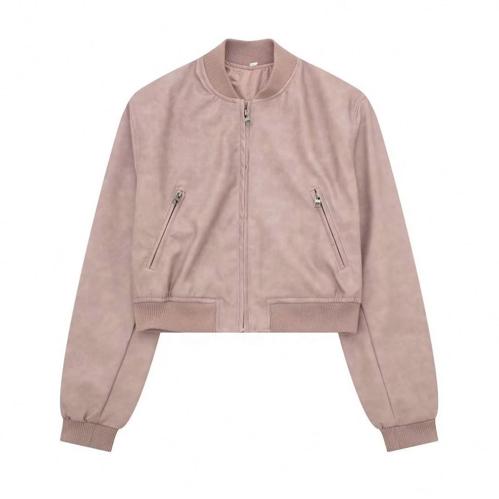 Faux Leather Stand Collar Bomber Jacket