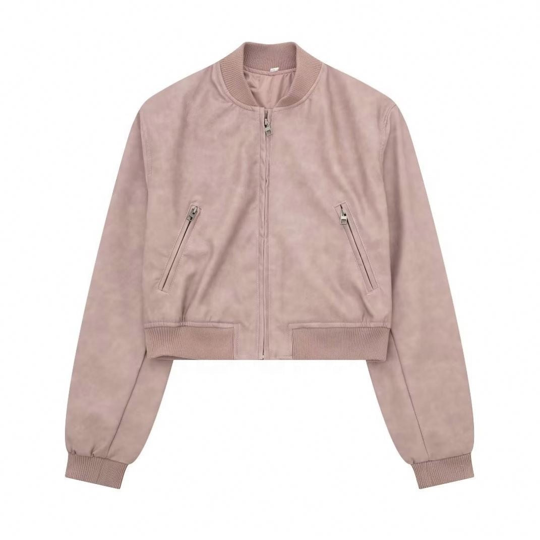Faux Leather Stand Collar Bomber Jacket