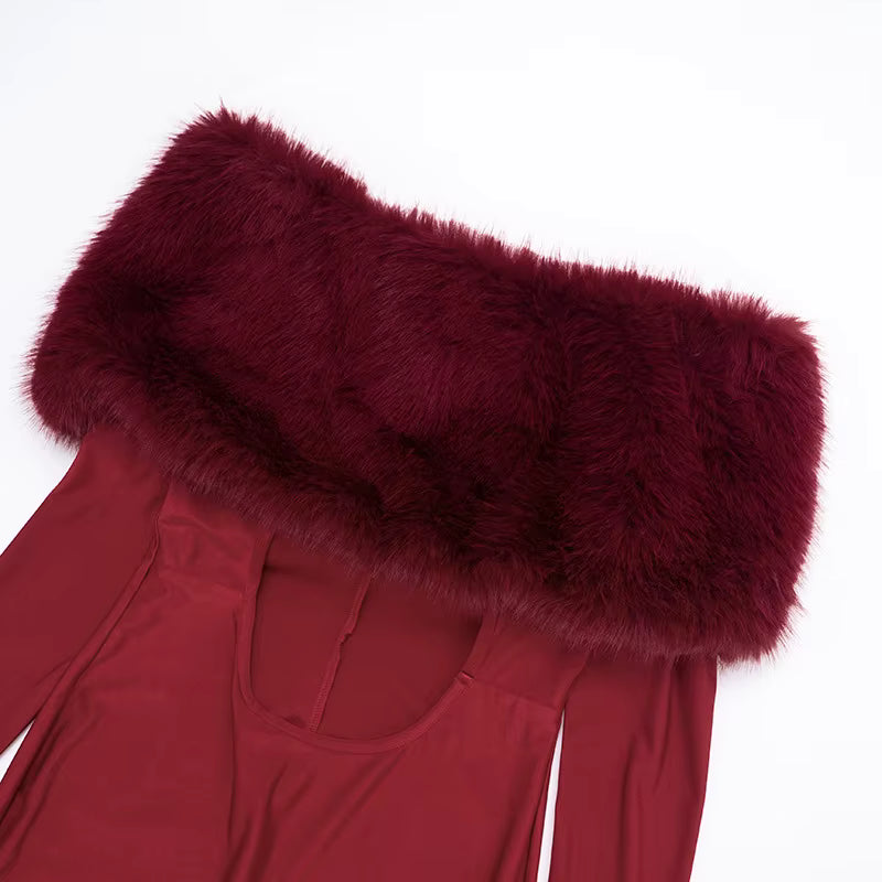 Luxury Furry Off-Shoulder Midriff Sexy Jumpsuit