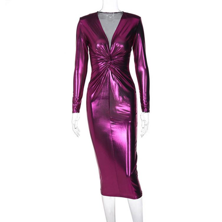Deep V-Neck Metallic Pleated  Bodycon Maxi Dress