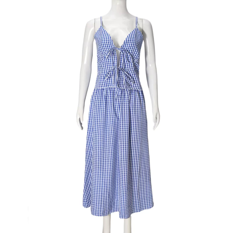 Blue Gingham Tie Midi Dress