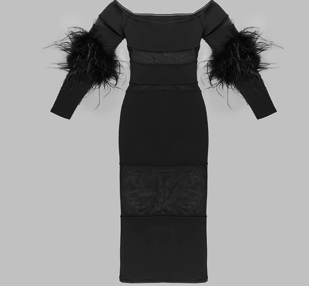 Feather Deconstructed Off-Shoulder Maxi Dress