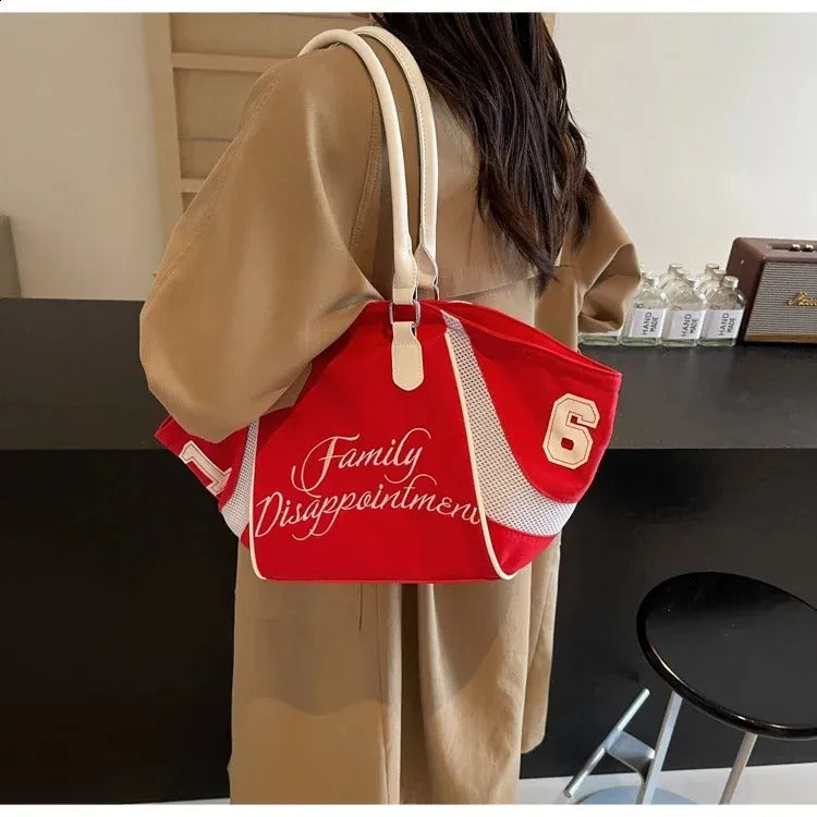 Sporty Alphabet Embroidery Large Capacity Bicolor Nylon Shoulder Tote Bag