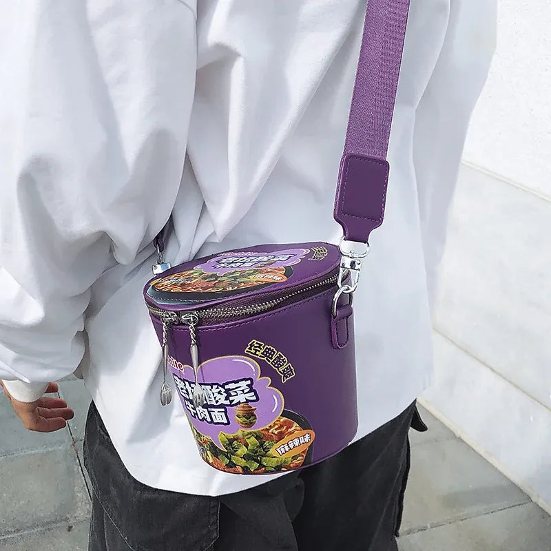 Novelty Noodle Bowl Shape Wide Strap Cylindrical Crossbody Shoulder Bag