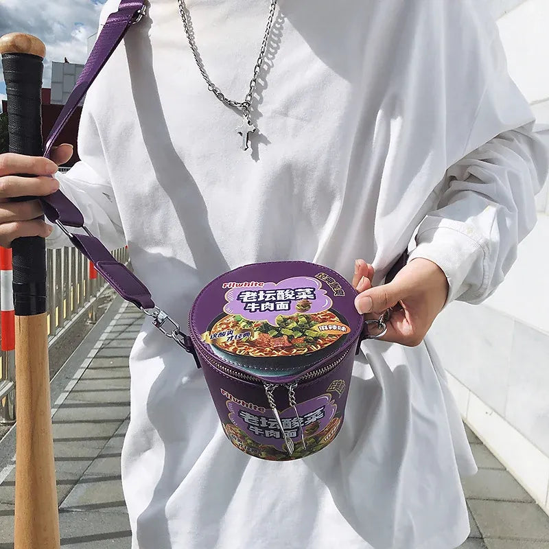 Novelty Noodle Bowl Shape Wide Strap Cylindrical Crossbody Shoulder Bag