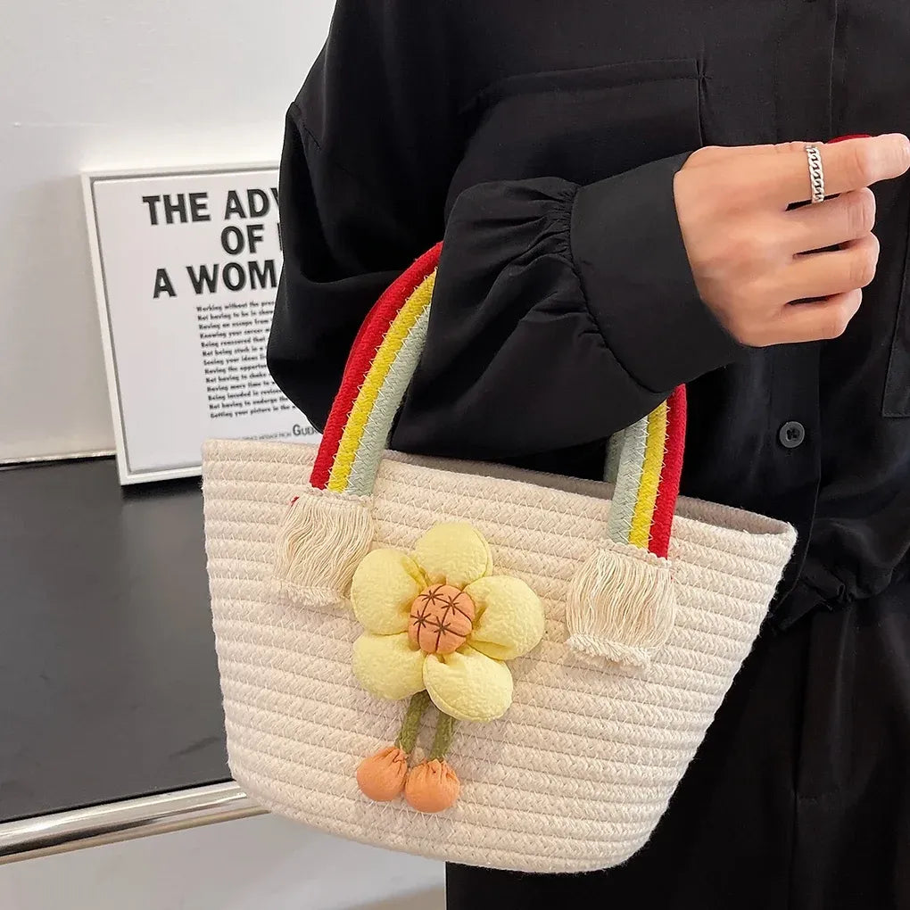 Bohemian Floral Woven Tassel Large Capacity Straw Bucket Tote Bag