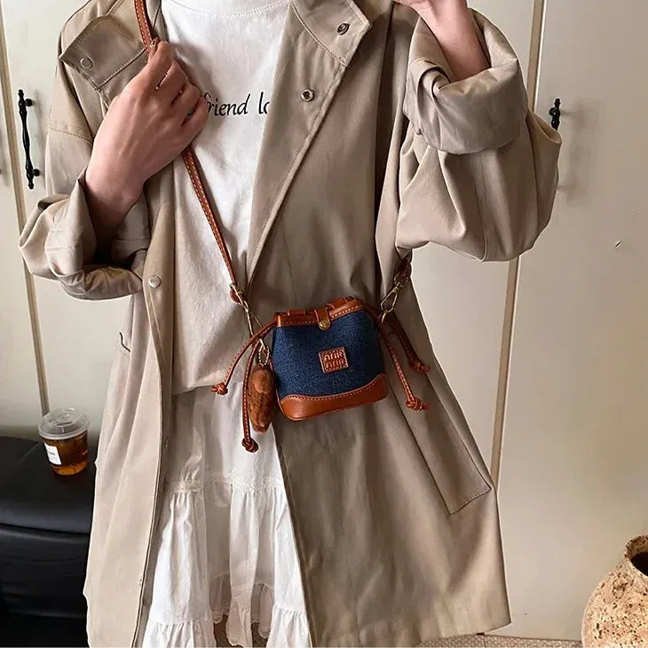 Vintage Denim Leather Trim Drawstring Mini Bucket Bag