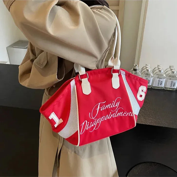 Sporty Alphabet Embroidery Large Capacity Bicolor Nylon Shoulder Tote Bag