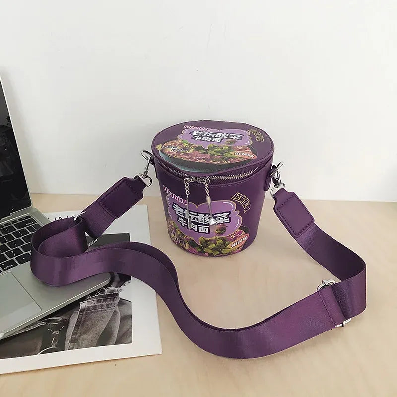 Novelty Noodle Bowl Shape Wide Strap Cylindrical Crossbody Shoulder Bag