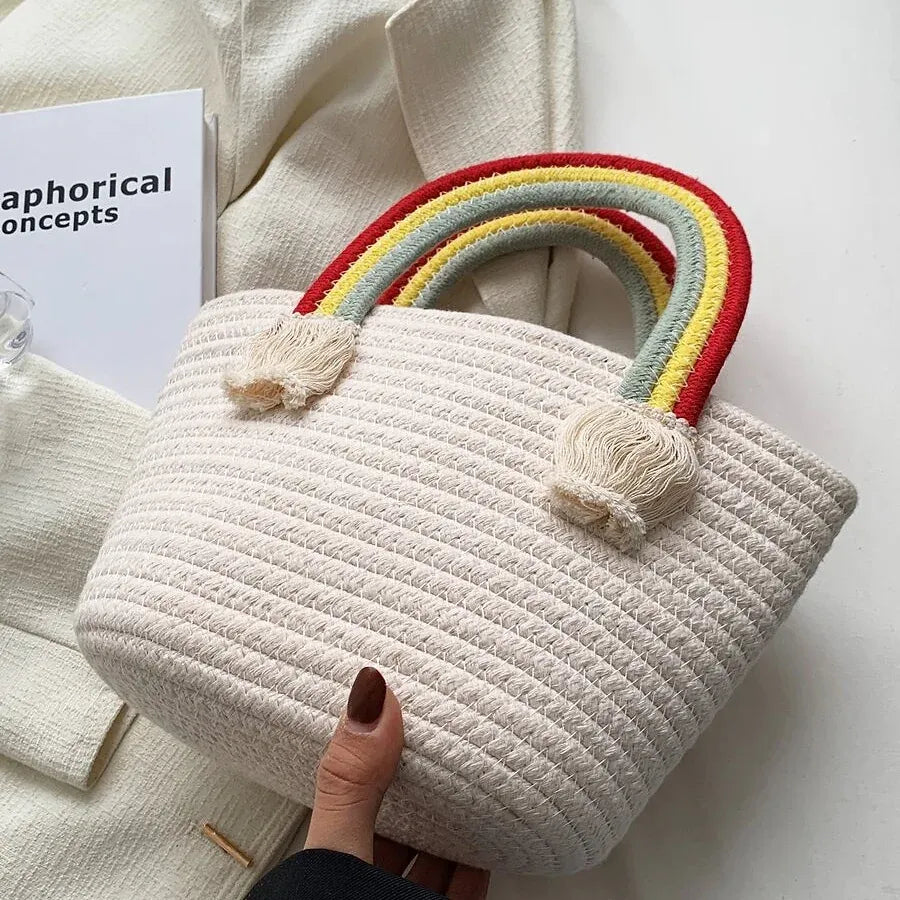 Bohemian Floral Woven Tassel Large Capacity Straw Bucket Tote Bag