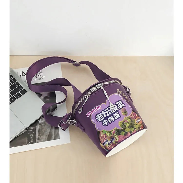 Novelty Noodle Bowl Shape Wide Strap Cylindrical Crossbody Shoulder Bag