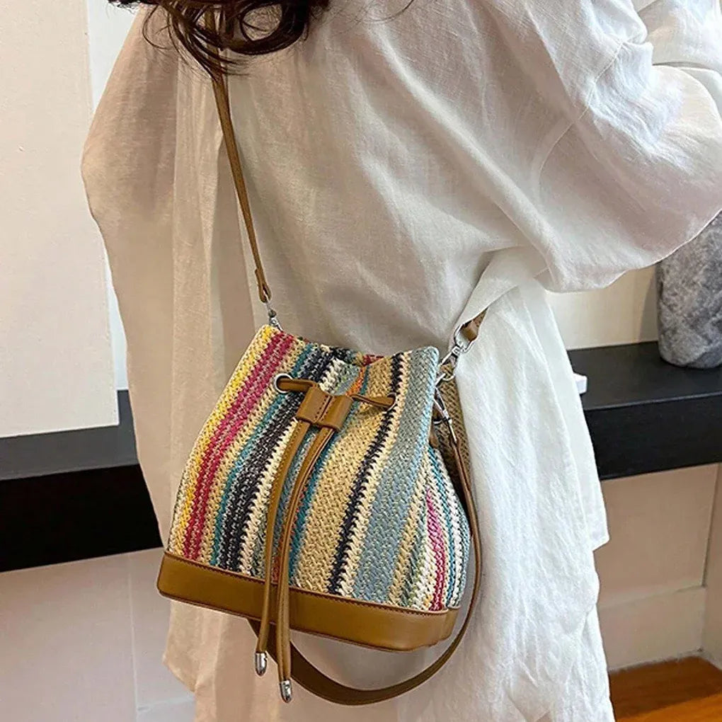 Chic Rainbow Stripe Crochet Leather Trim Drawstring Bucket Bag