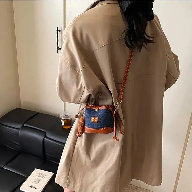 Vintage Denim Leather Trim Drawstring Mini Bucket Bag