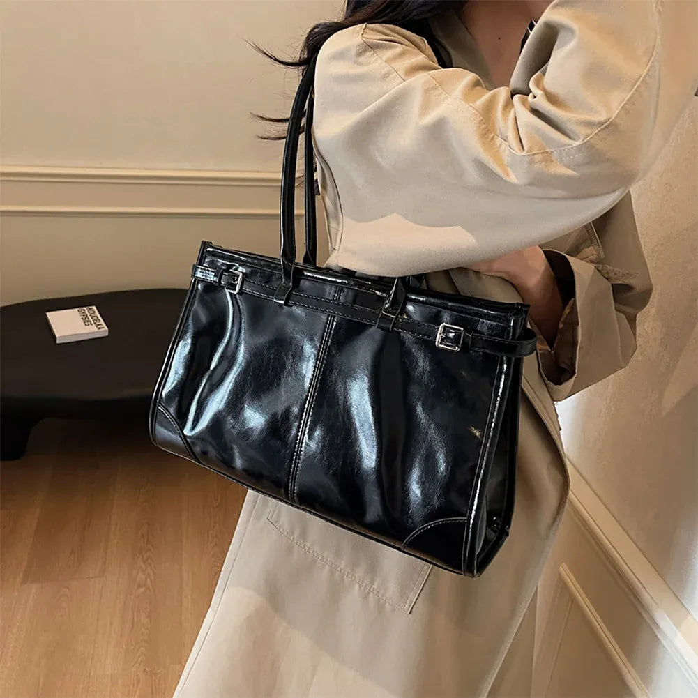 Minimalist  PU Leather Top Handle Belt Detail Tote Bag