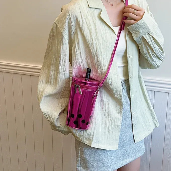 Novelty Boba Cup Shape Shiny Patent Leather Crossbody Bag