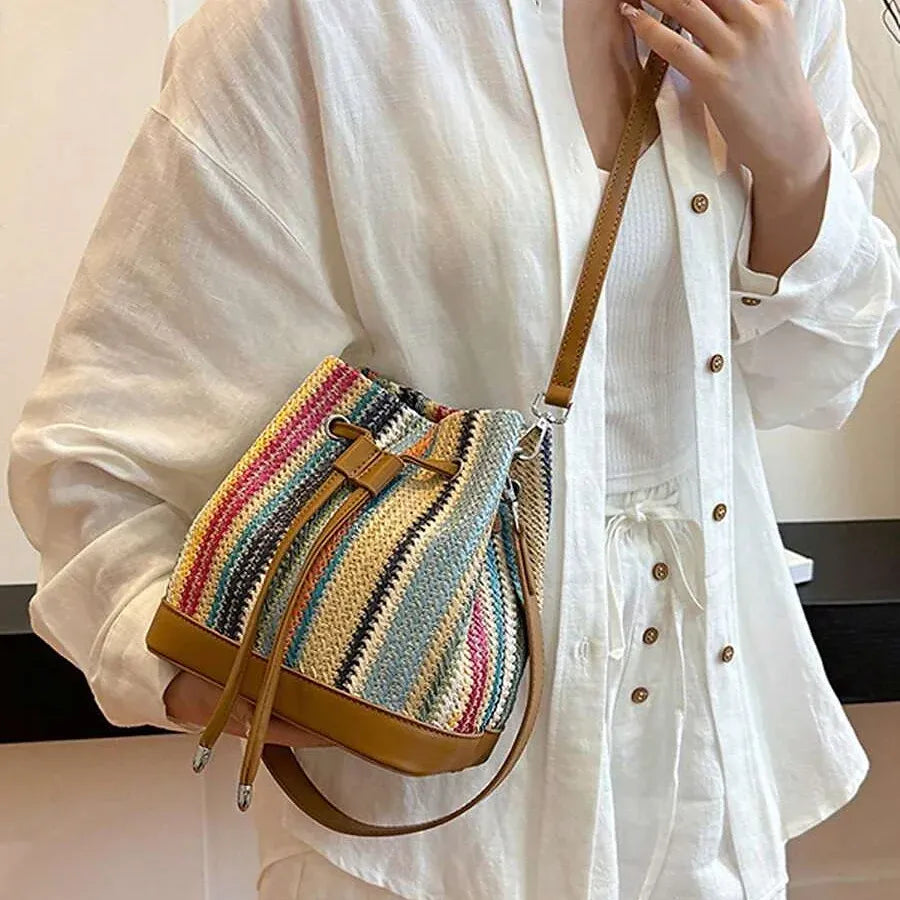 Chic Rainbow Stripe Crochet Leather Trim Drawstring Bucket Bag