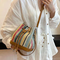 Chic Rainbow Stripe Crochet Leather Trim Drawstring Bucket Bag