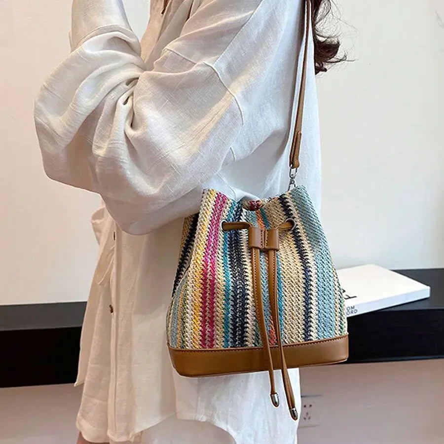 Chic Rainbow Stripe Crochet Leather Trim Drawstring Bucket Bag