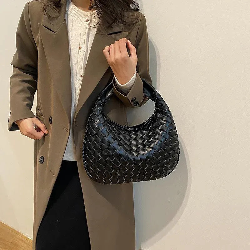 Woven Zipper Top Handle French Style PU Leather Tote Bag