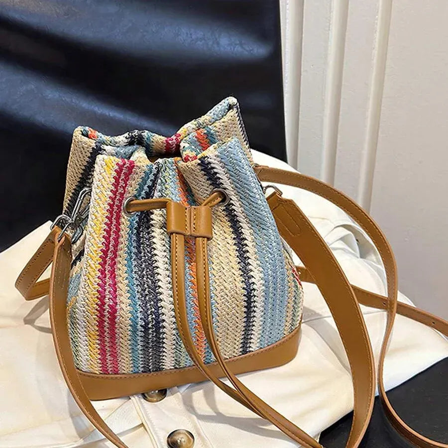 Chic Rainbow Stripe Crochet Leather Trim Drawstring Bucket Bag
