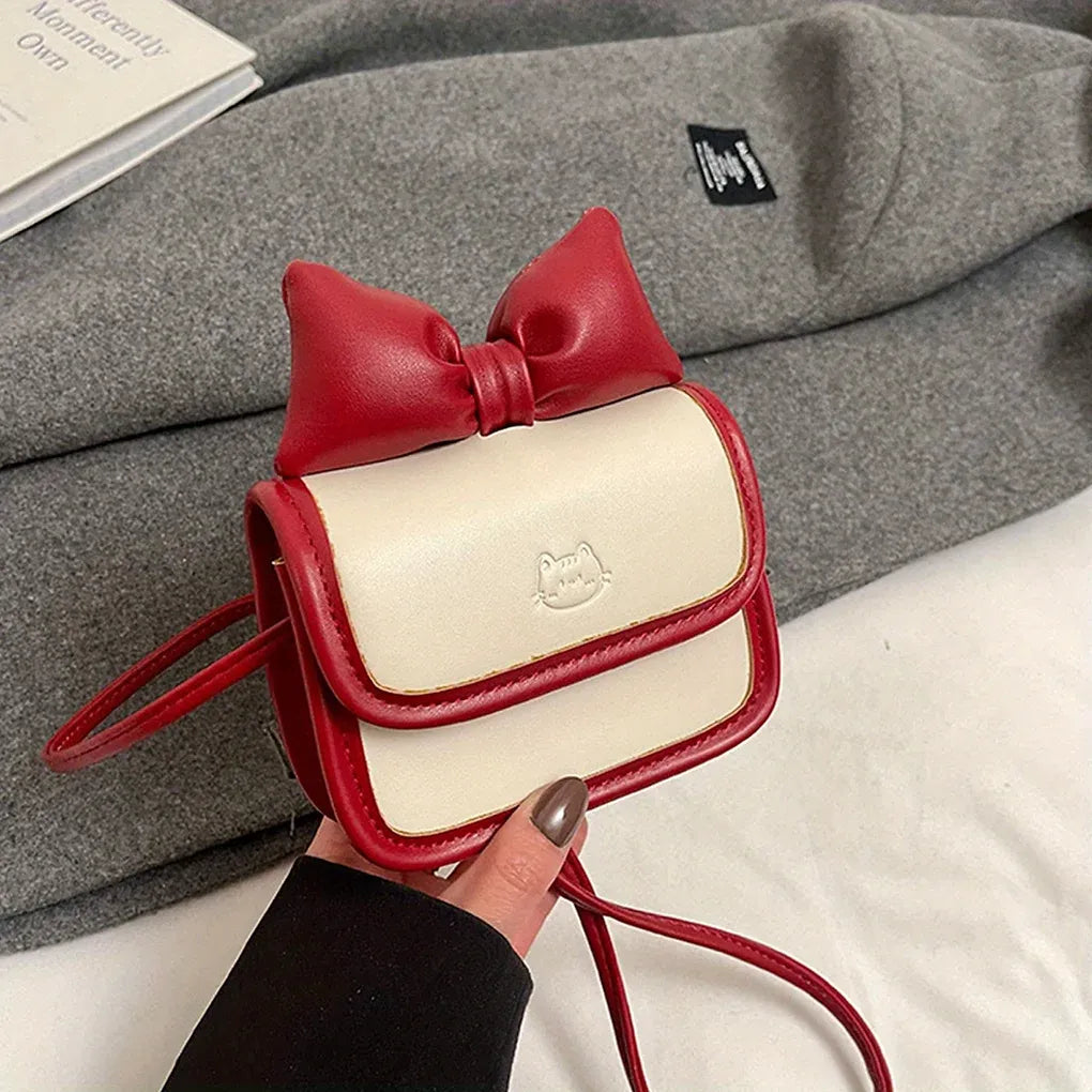 Bow-Tie Cat Emblem Leather Crossbody Bag