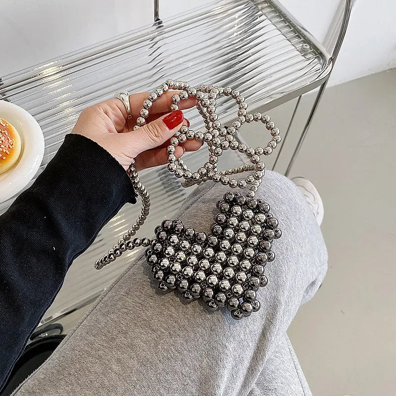 Chic Floral Pearl Chain Heart Woven Mini Shoulder Bag