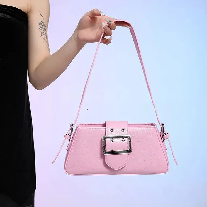 Zip Buckle Detail Small Square Faux Leather Underarm Bag