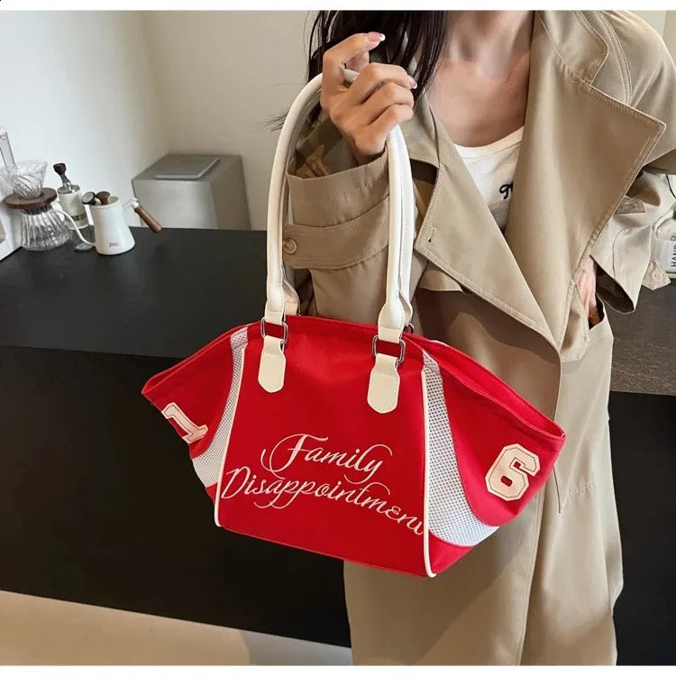 Sporty Alphabet Embroidery Large Capacity Bicolor Nylon Shoulder Tote Bag