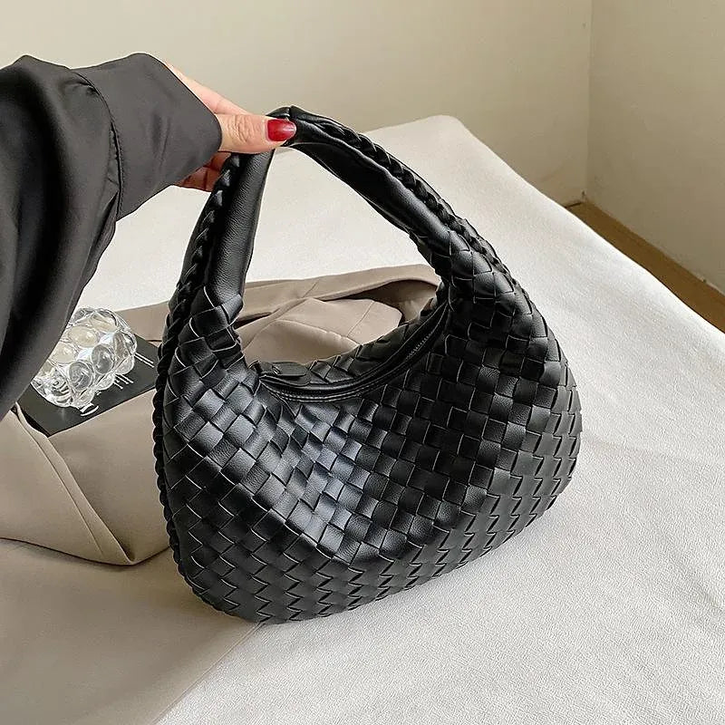 Woven Zipper Top Handle French Style PU Leather Tote Bag