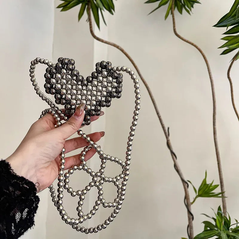 Chic Floral Pearl Chain Heart Woven Mini Shoulder Bag