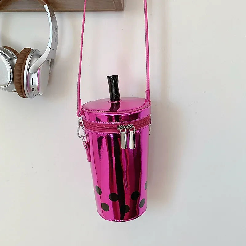 Novelty Boba Cup Shape Shiny Patent Leather Crossbody Bag