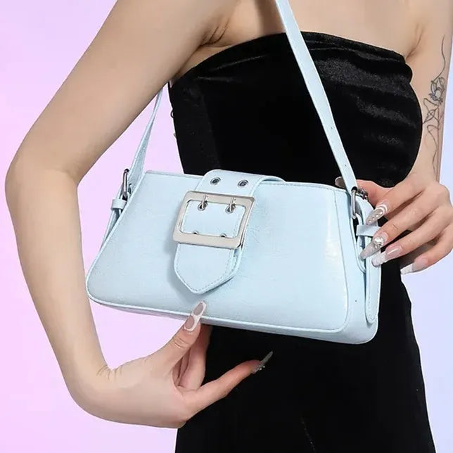 Zip Buckle Detail Small Square Faux Leather Underarm Bag